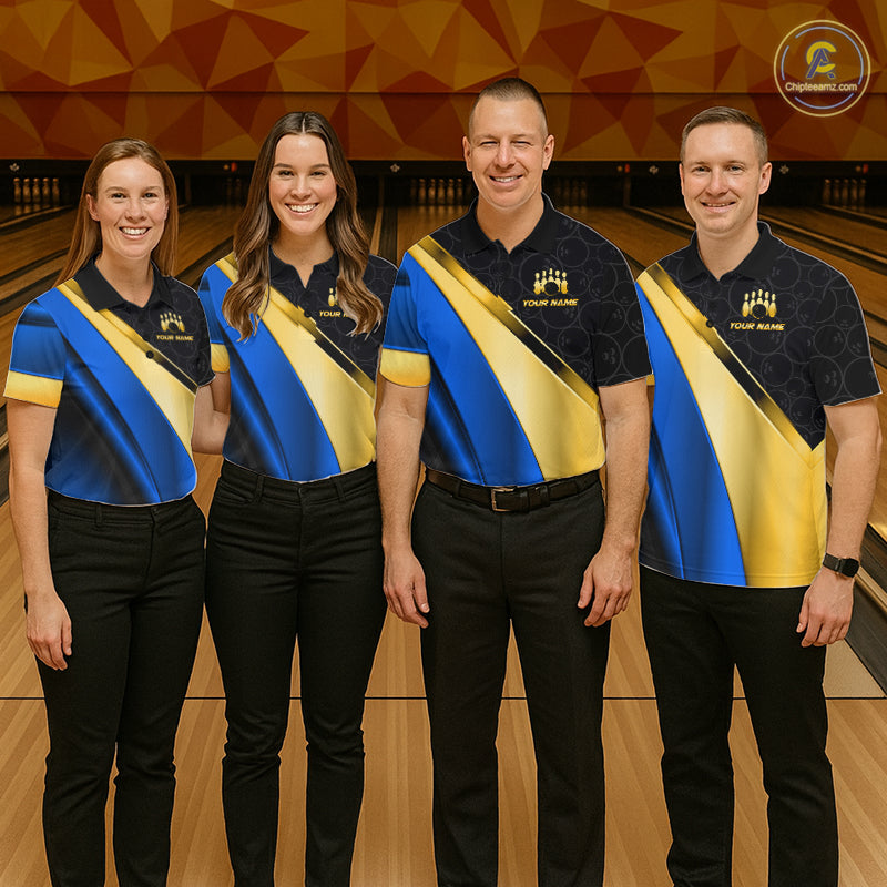 Custom Blue And Gold Bowling Shirts, Bowling League Team Jersey Bowling Tournament Shirts