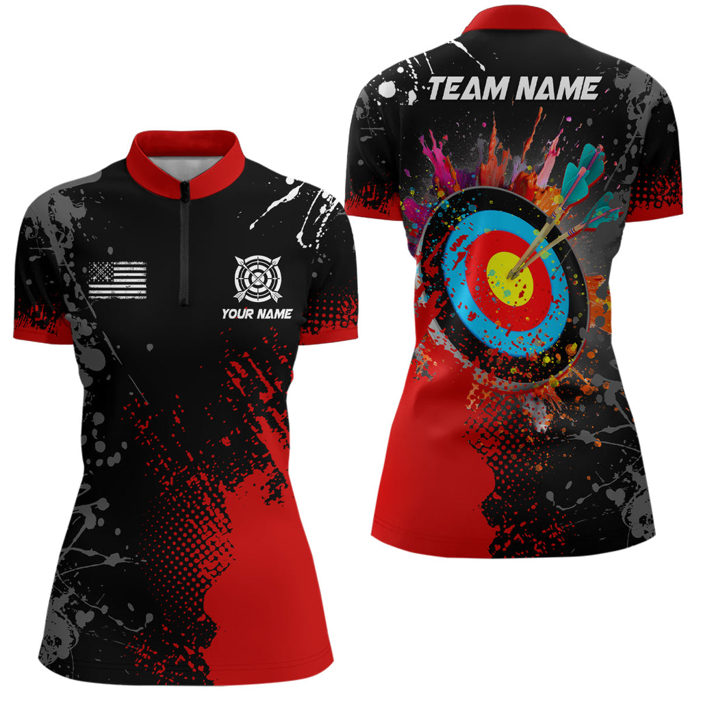 Personalized Paint Red 3D Target Archery Quarter-Zip Shirts, Archery Jerseys Attires