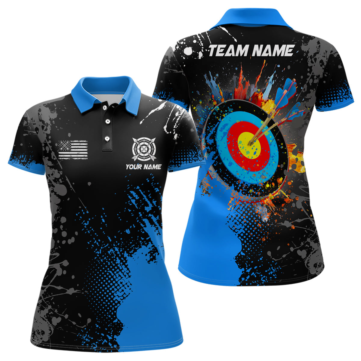 Personalized Paint Blue 3D Target Archery Polo Shirts Custom Name Archery Jerseys Attire