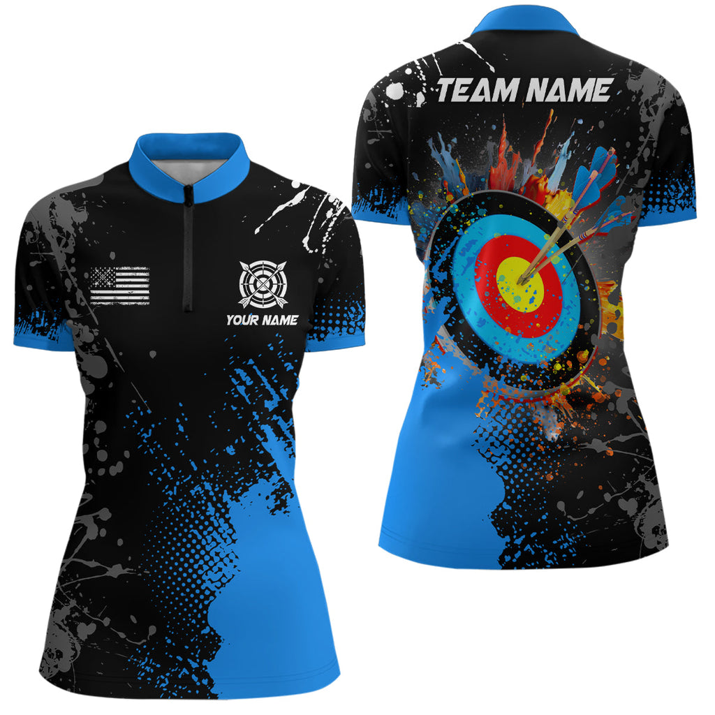 Personalized Paint Blue 3D Target Archery Quarter-Zip Shirts, Archery Jerseys Attires