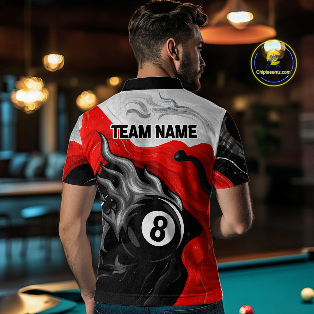 Personalized Black, Red And White 8 Ball Flame Billiard Shirt Custom Pool Team Jerseys