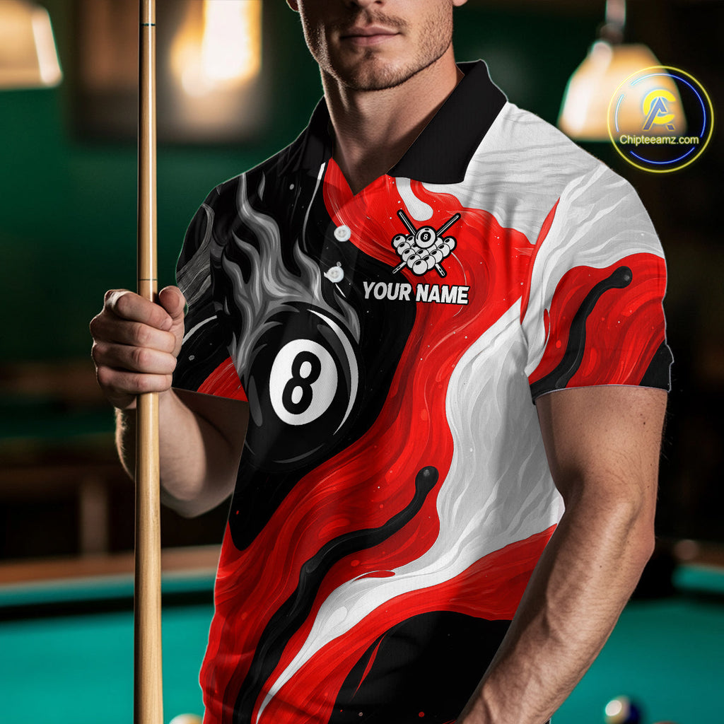 Personalized Black, Red And White 8 Ball Flame Billiard Shirt Custom Pool Team Jerseys