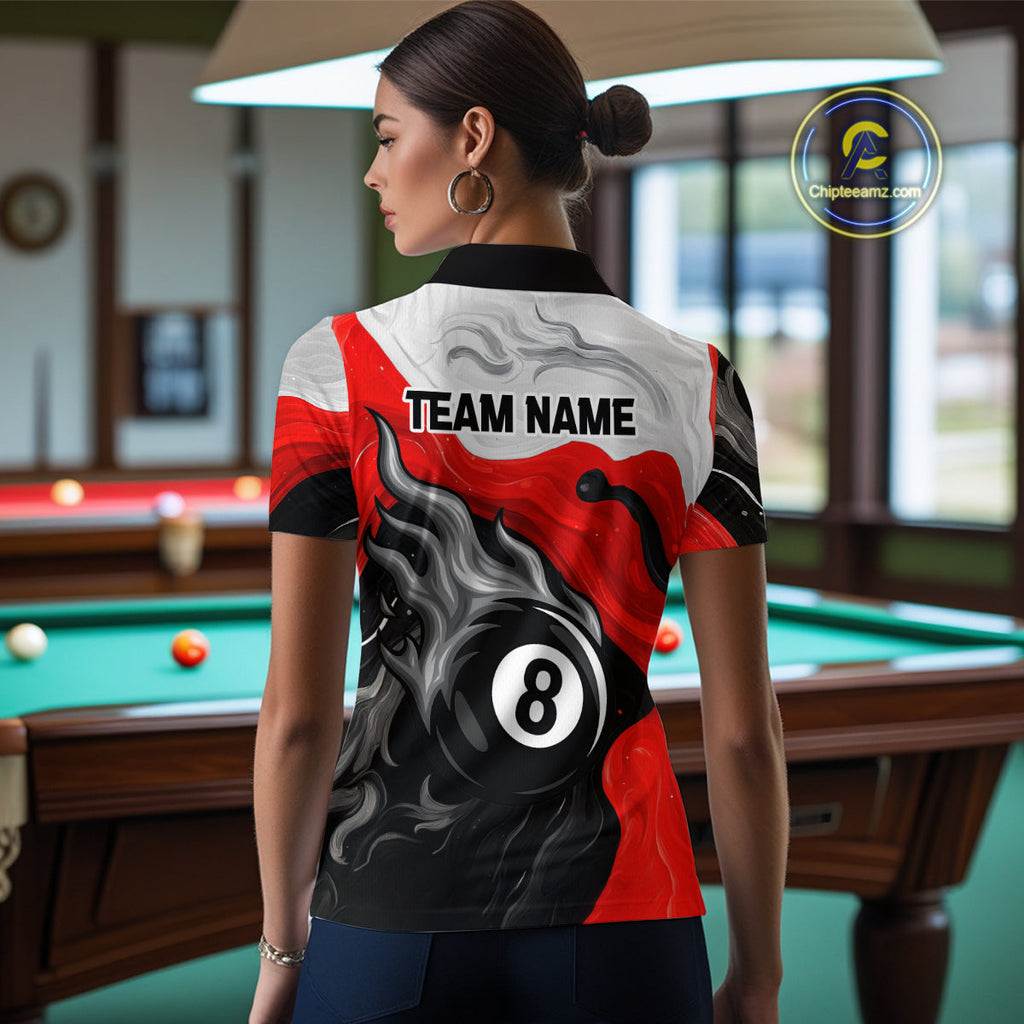 Personalized Black, Red And White 8 Ball Flame Billiard Shirt Custom Pool Team Jerseys