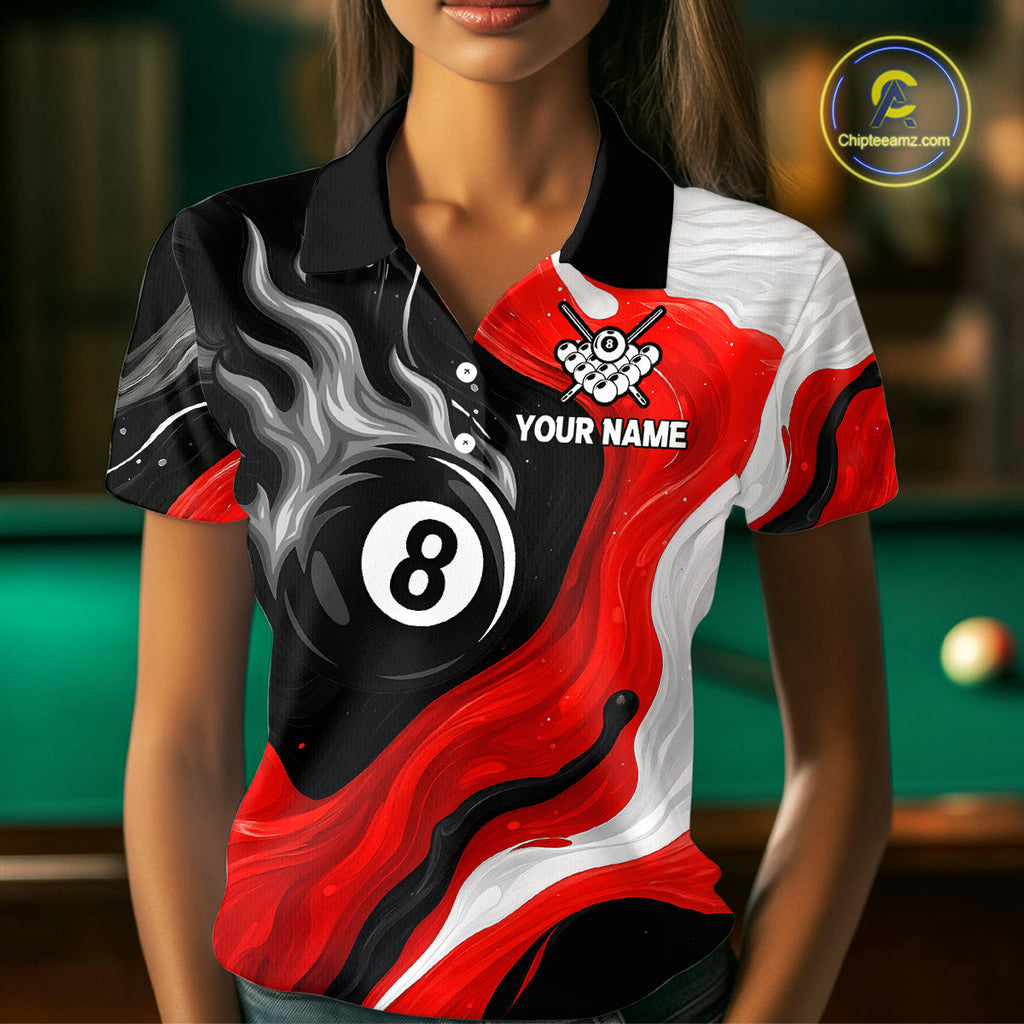 Personalized Black, Red And White 8 Ball Flame Billiard Shirt Custom Pool Team Jerseys
