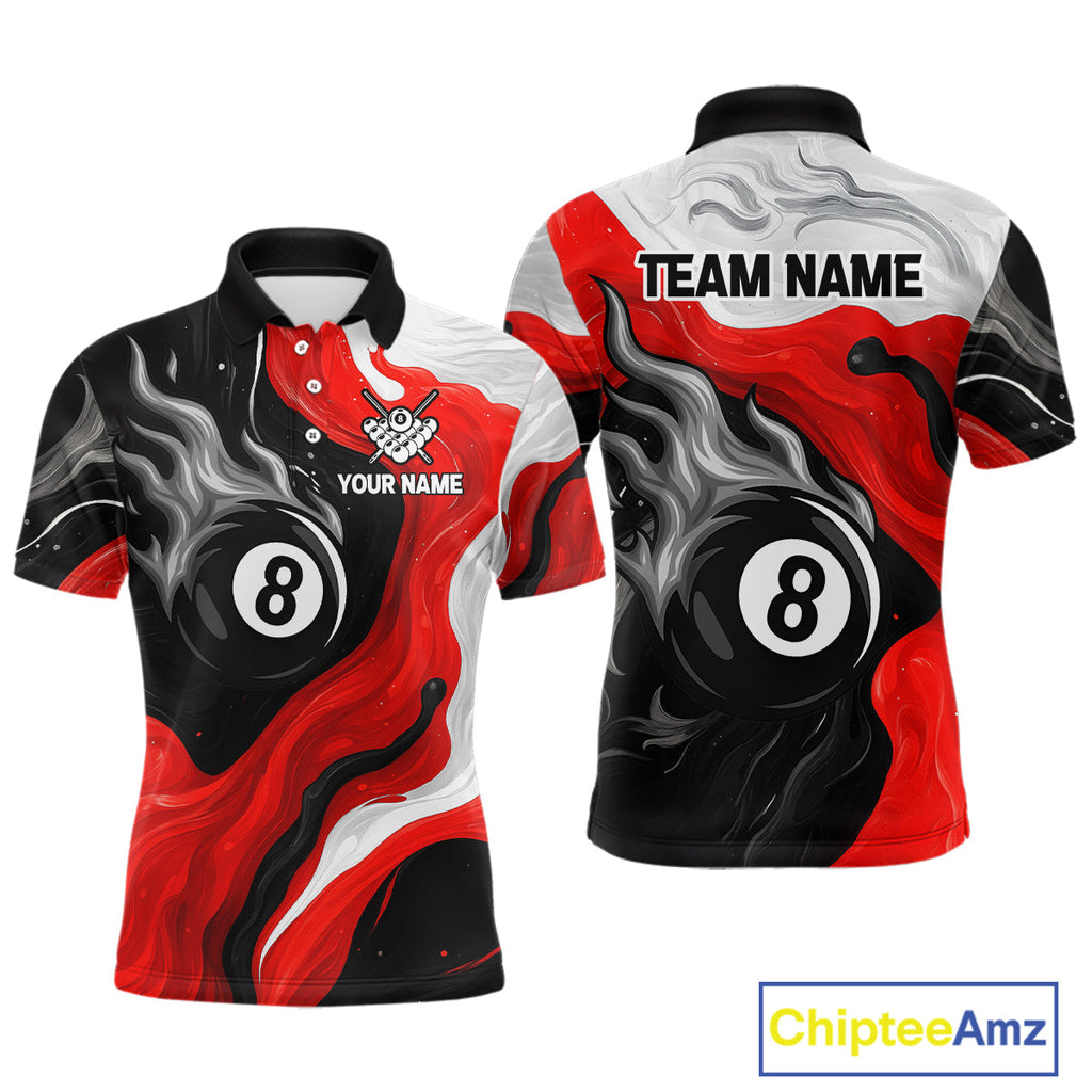 Personalized Black, Red And White 8 Ball Flame Billiard Shirt Custom Pool Team Jerseys
