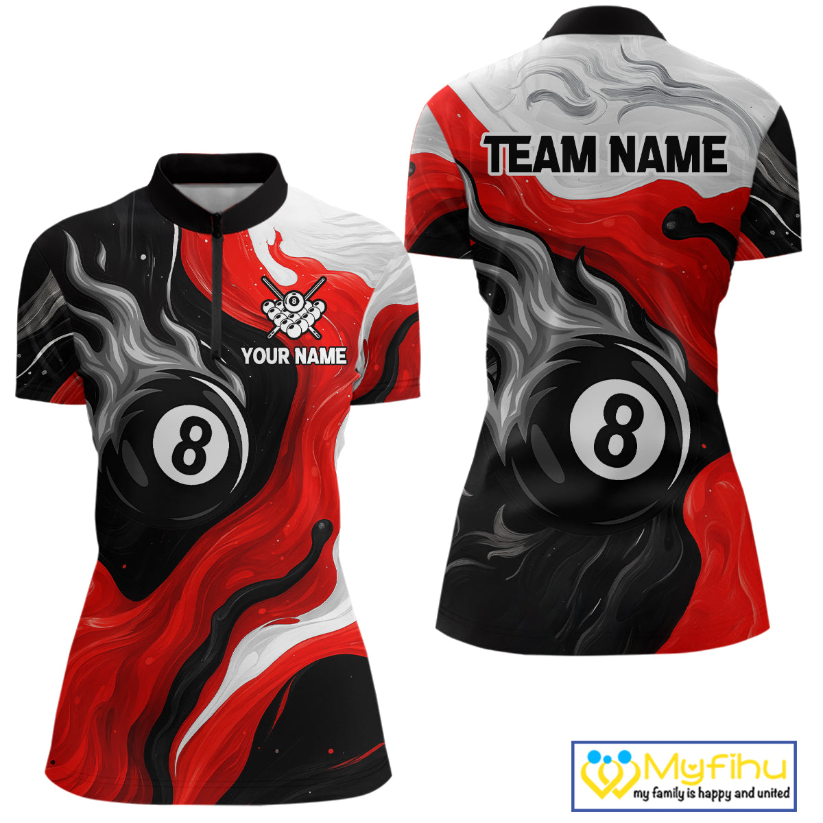 Personalized Black, Red And White 8 Ball Flame Billiard Shirt Custom Pool Team Jerseys