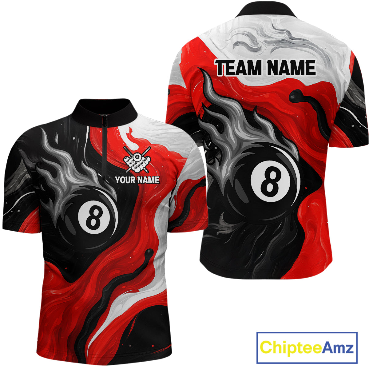 Personalized Black, Red And White 8 Ball Flame Billiard Shirt Custom Pool Team Jerseys
