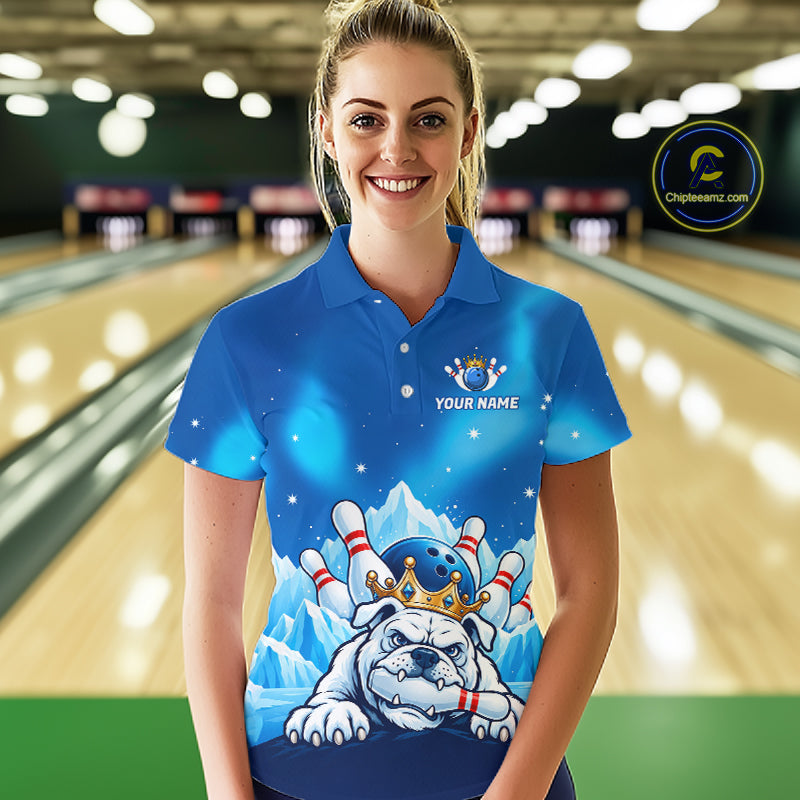 Funny Blue Icy Bulldog Crown Bowling Shirts Personalized Bowling Team Jersey Polo, 1/4 Zip