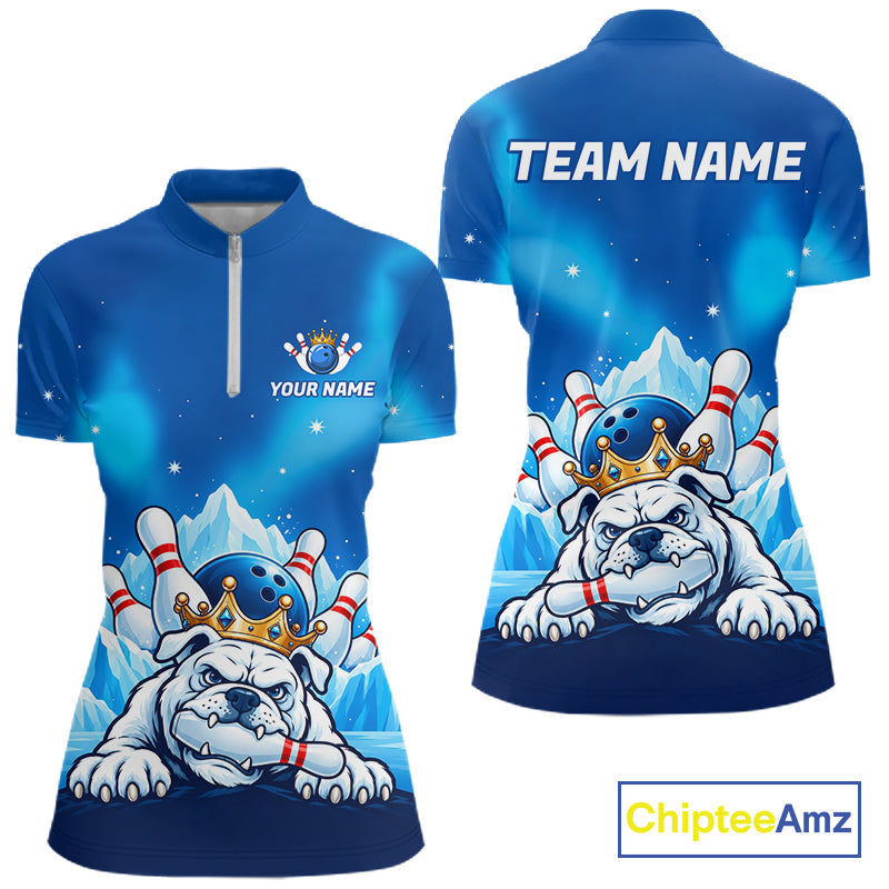 Funny Blue Icy Bulldog Crown Bowling Shirts Personalized Bowling Team Jersey Polo, 1/4 Zip