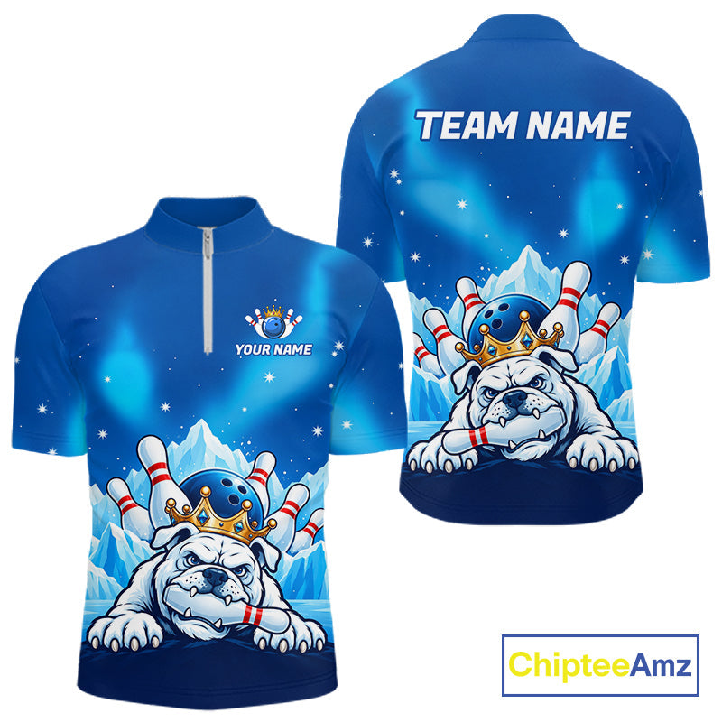 Funny Blue Icy Bulldog Crown Bowling Shirts Personalized Bowling Team Jersey Polo, 1/4 Zip