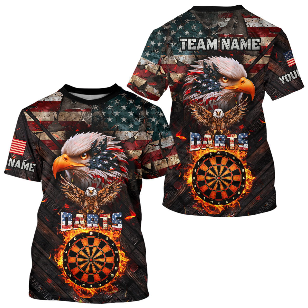 American Flag 3D Dartboard Fire Flame Custom Eagle Darts T Shirt, Patriotic Darts Jersey