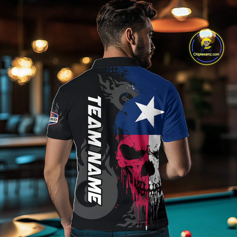 Grunge Texas Flag Skull 8 Ball Pool Custom Billiard Shirts, Patriotic Billiard Team Jerseys
