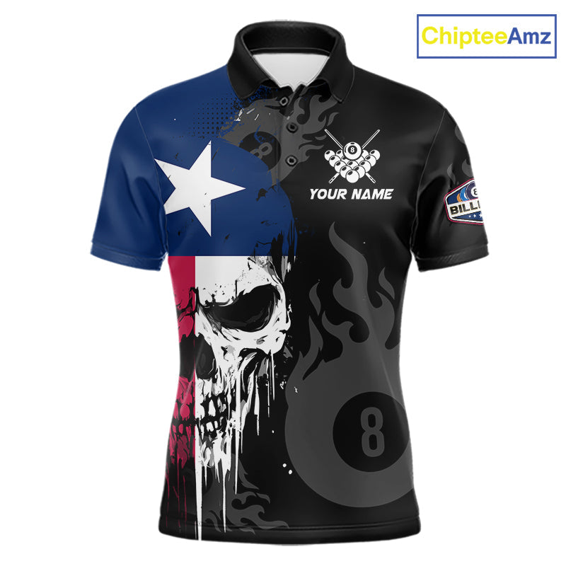 Grunge Texas Flag Skull 8 Ball Pool Custom Billiard Shirts, Patriotic Billiard Team Jerseys