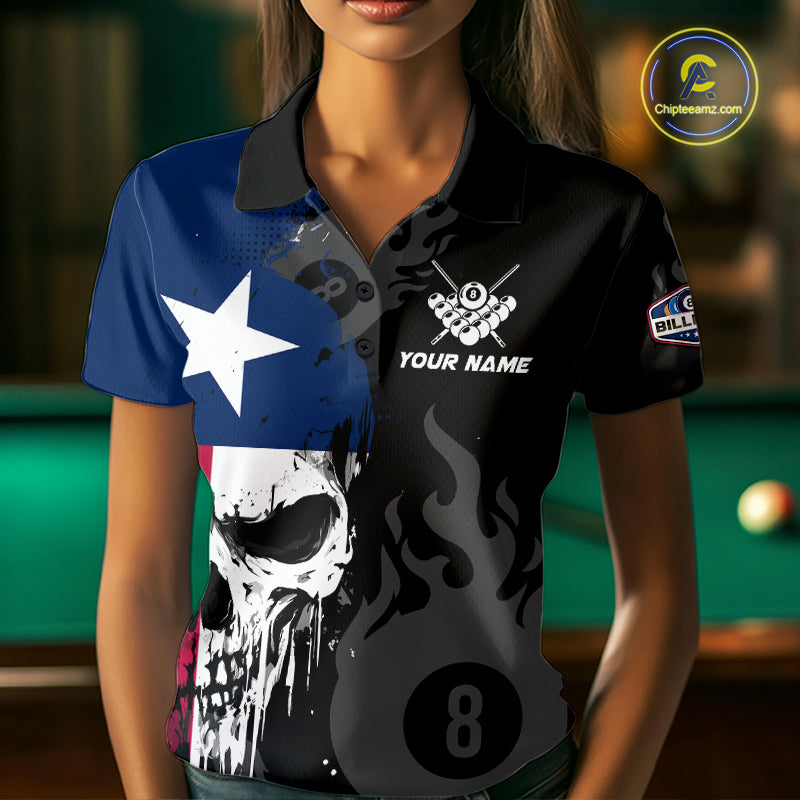 Grunge Texas Flag Skull 8 Ball Pool Custom Billiard Shirts, Patriotic Billiard Team Jerseys