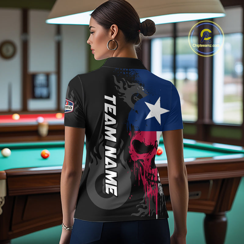 Grunge Texas Flag Skull 8 Ball Pool Custom Billiard Shirts, Patriotic Billiard Team Jerseys