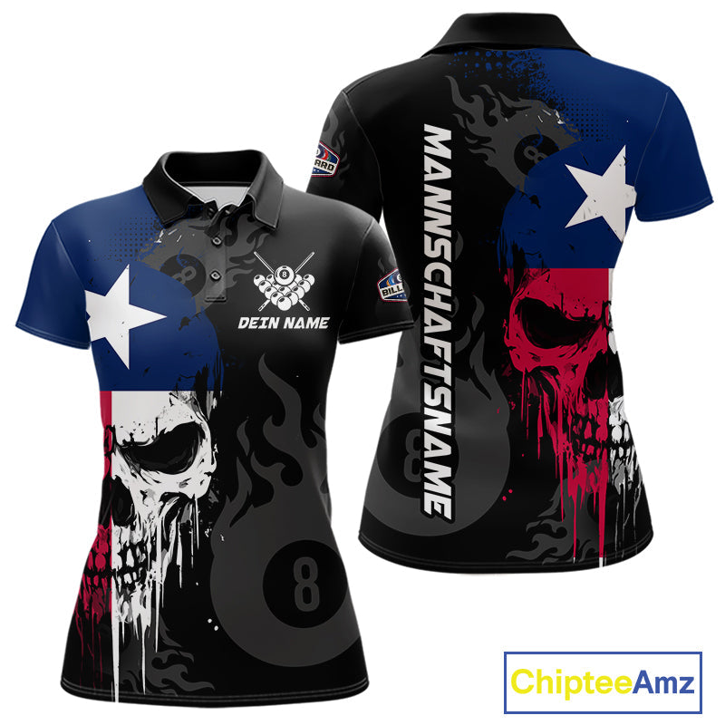 Grunge Texas Flag Skull 8 Ball Pool Custom Billiard Shirts, Patriotic Billiard Team Jerseys