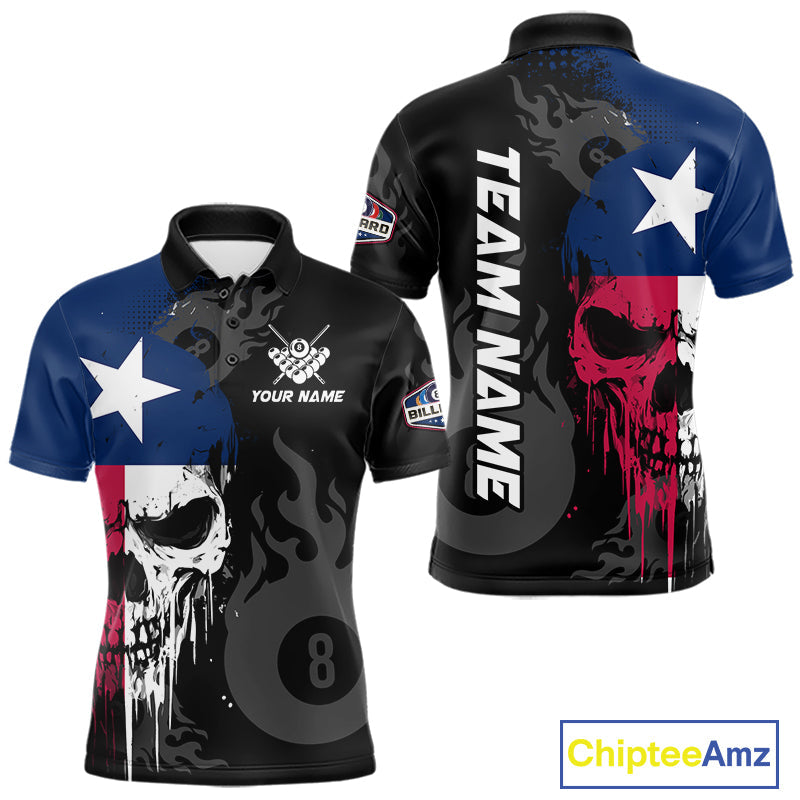 Grunge Texas Flag Skull 8 Ball Pool Custom Billiard Shirts, Patriotic Billiard Team Jerseys