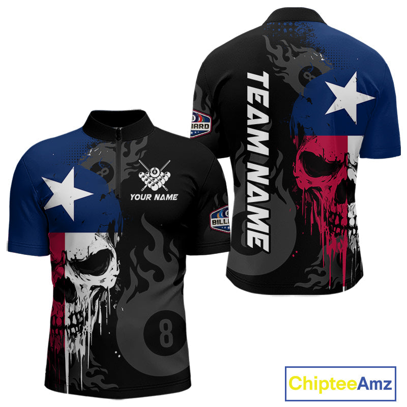 Grunge Texas Flag Skull 8 Ball Pool Custom Billiard Shirts, Patriotic Billiard Team Jerseys