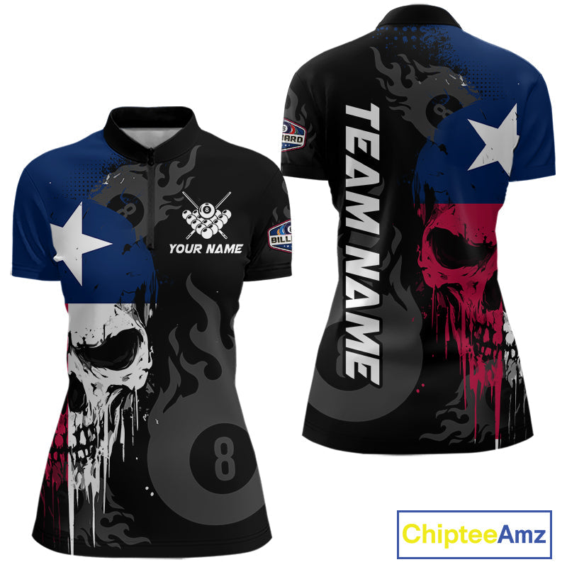 Grunge Texas Flag Skull 8 Ball Pool Custom Billiard Shirts, Patriotic Billiard Team Jerseys