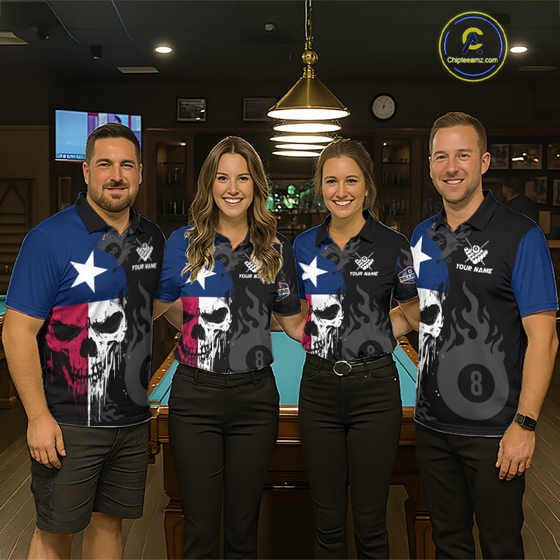 Grunge Texas Flag Skull 8 Ball Pool Custom Billiard Shirts, Patriotic Billiard Team Jerseys