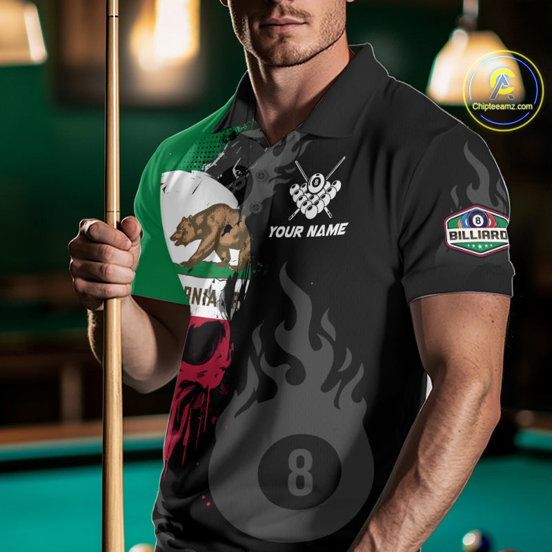 Grunge California Flag Skull 8 Ball Pool Custom Billiard Shirt, Patriotic Billiard Team Jersey