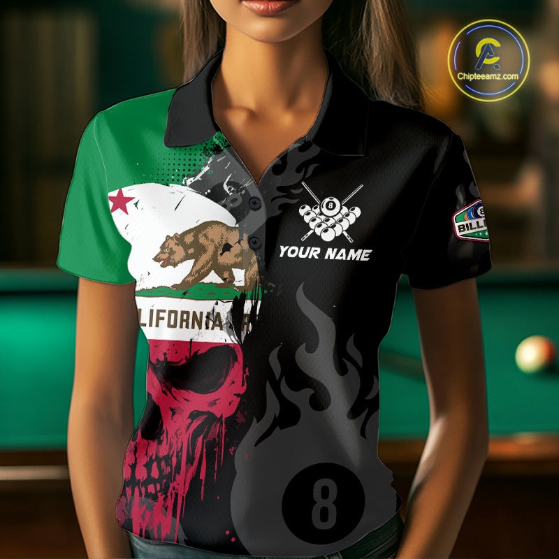 Grunge California Flag Skull 8 Ball Pool Custom Billiard Shirt, Patriotic Billiard Team Jersey