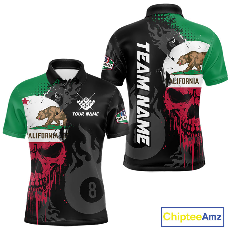 Grunge California Flag Skull 8 Ball Pool Custom Billiard Shirt, Patriotic Billiard Team Jersey