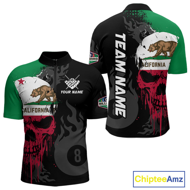 Grunge California Flag Skull 8 Ball Pool Custom Billiard Shirt, Patriotic Billiard Team Jersey