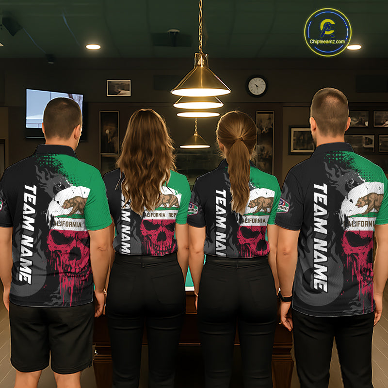 Grunge California Flag Skull 8 Ball Pool Custom Billiard Shirt, Patriotic Billiard Team Jersey