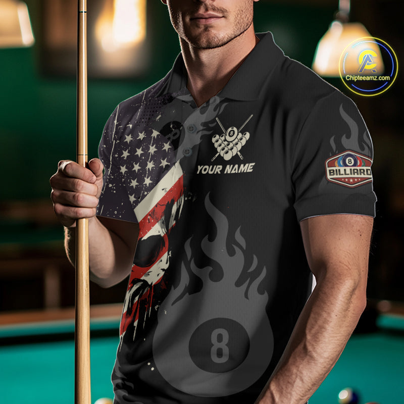 Vintage American Flag Skull 8 Ball Pool Custom Billiard Shirts Patriotic Billiard Team Jerseys