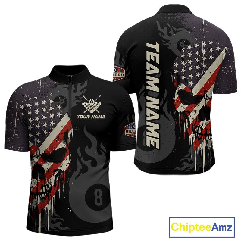 Vintage American Flag Skull 8 Ball Pool Custom Billiard Shirts Patriotic Billiard Team Jerseys