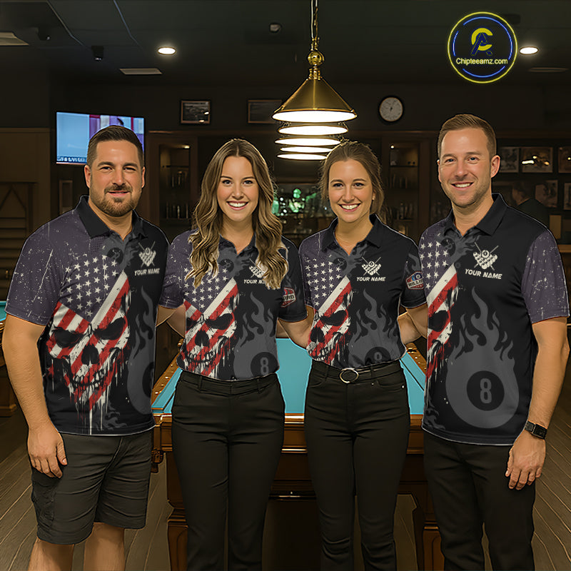 Vintage American Flag Skull 8 Ball Pool Custom Billiard Shirts Patriotic Billiard Team Jerseys