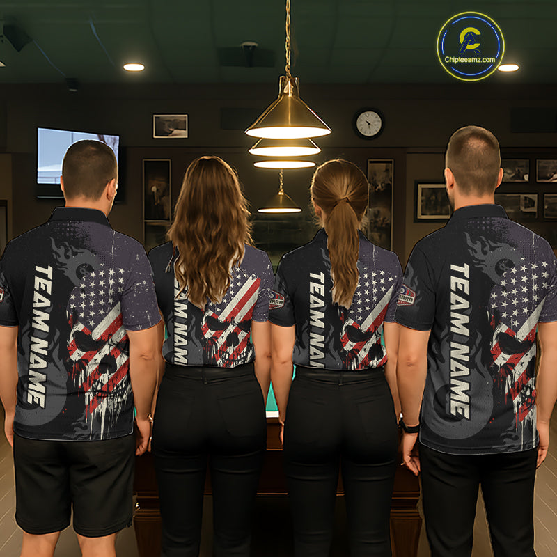 Vintage American Flag Skull 8 Ball Pool Custom Billiard Shirts Patriotic Billiard Team Jerseys