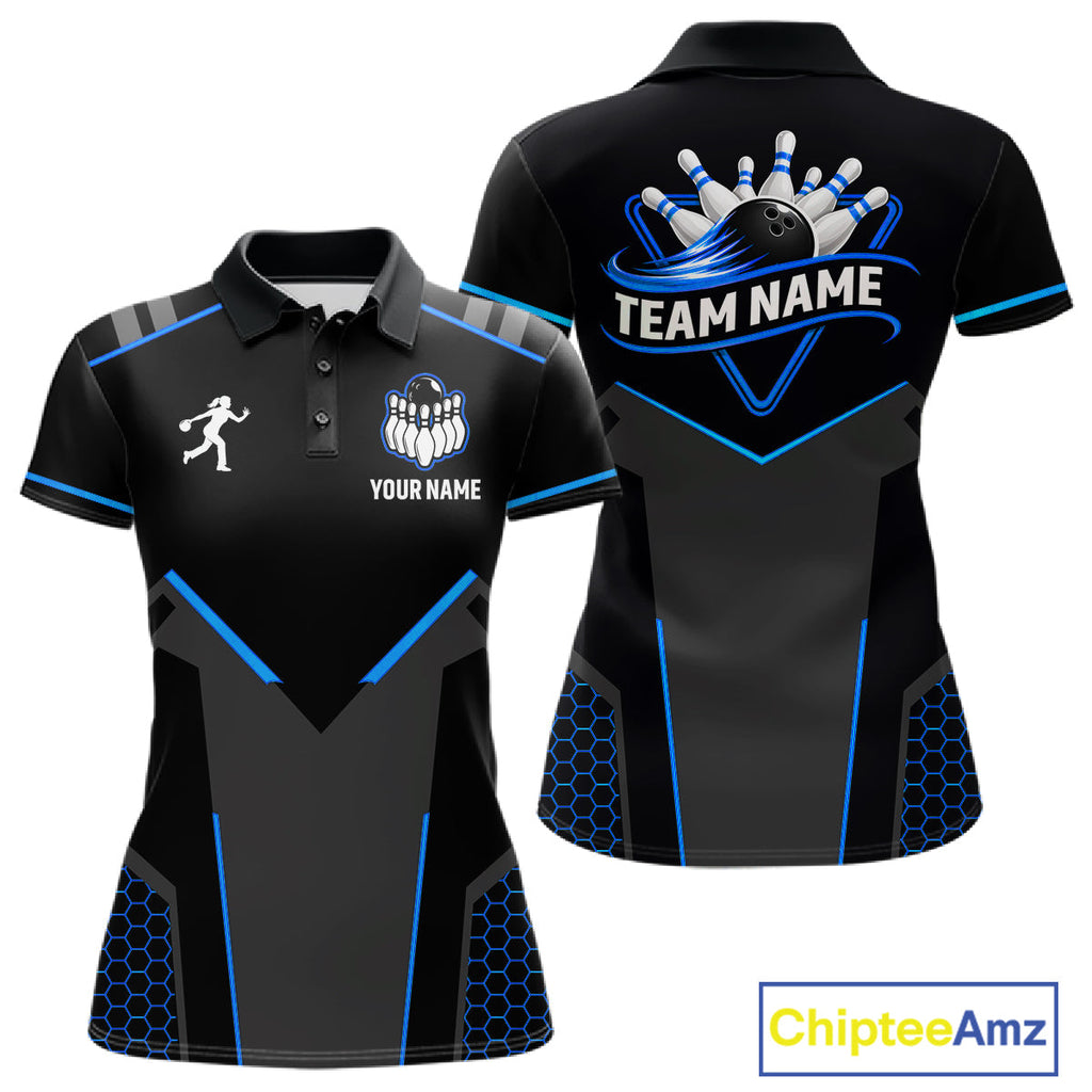 Personalized Bowling Jersey Custom Black And Blue Bowling Team Shirt Polo & 1/4 Zip