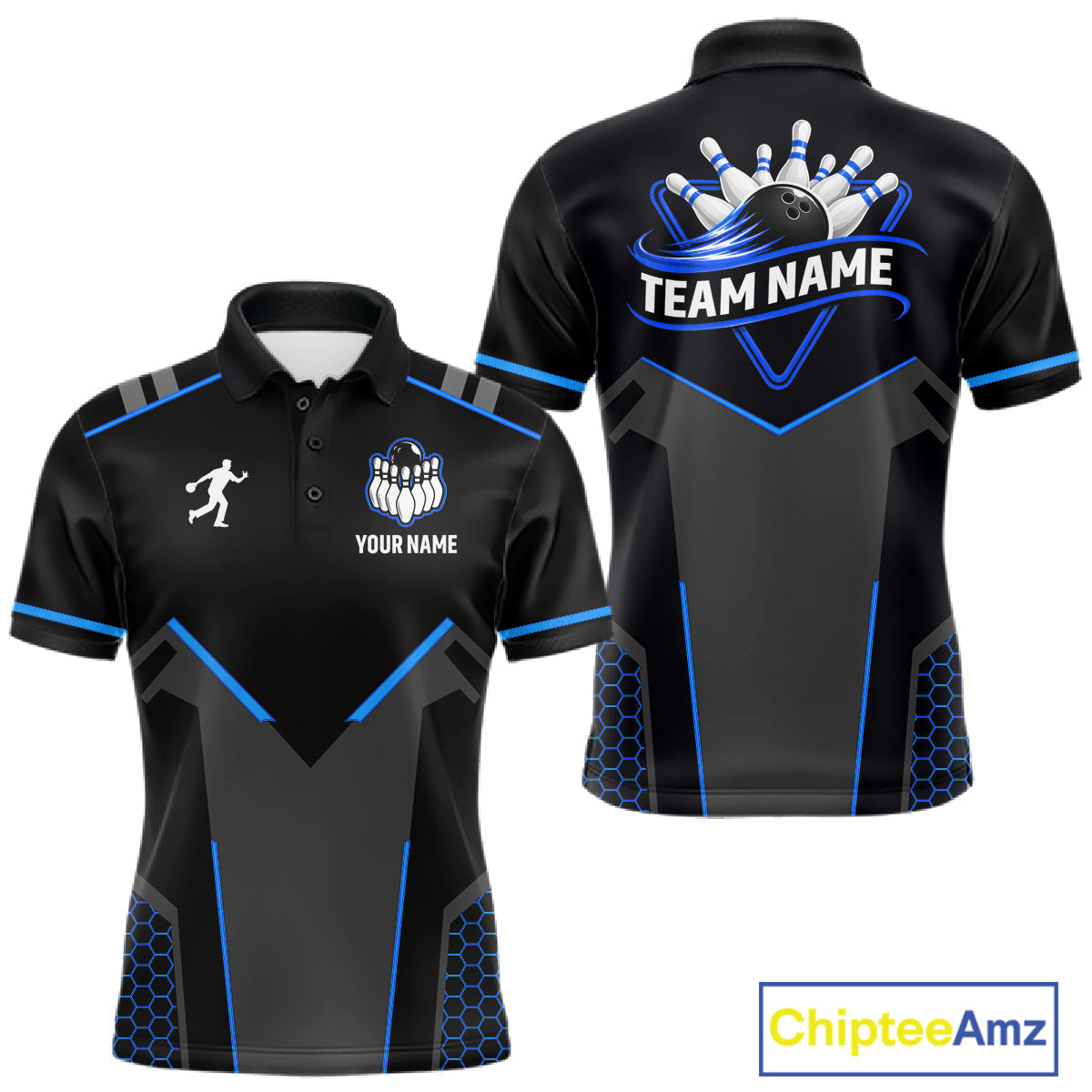 Personalized Bowling Jersey Custom Black And Blue Bowling Team Shirt Polo & 1/4 Zip