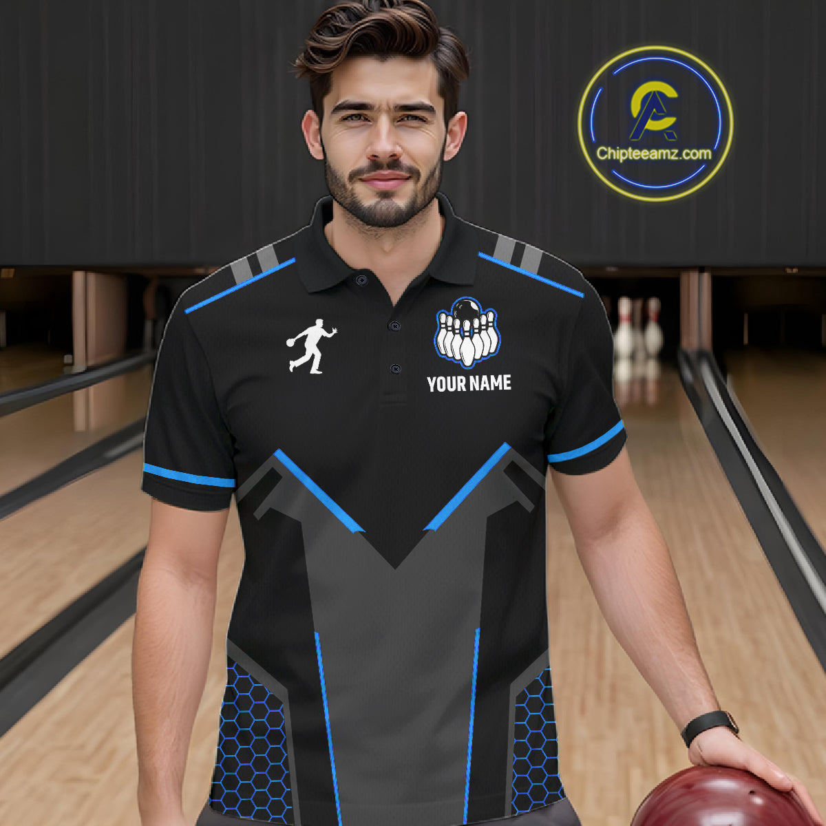 Personalized Bowling Jersey Custom Black And Blue Bowling Team Shirt Polo & 1/4 Zip