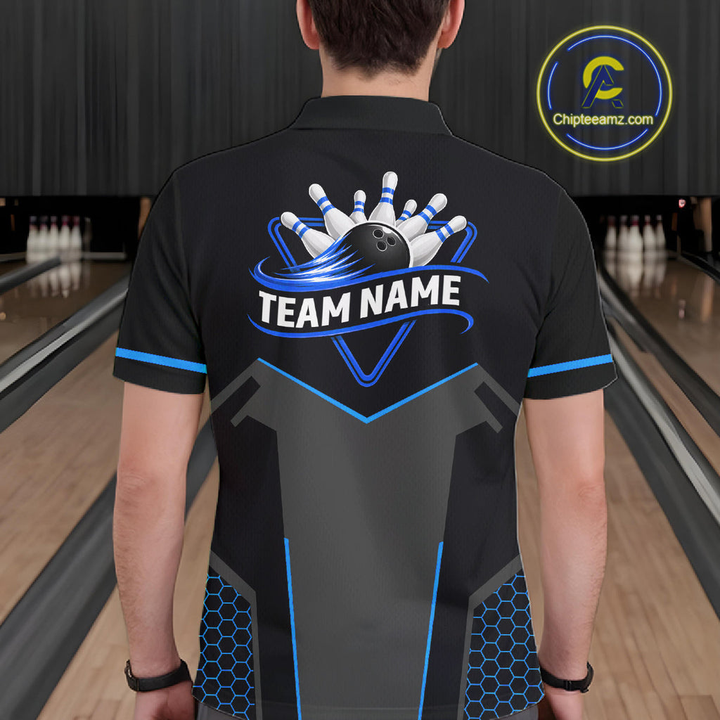 Personalized Bowling Jersey Custom Black And Blue Bowling Team Shirt Polo & 1/4 Zip