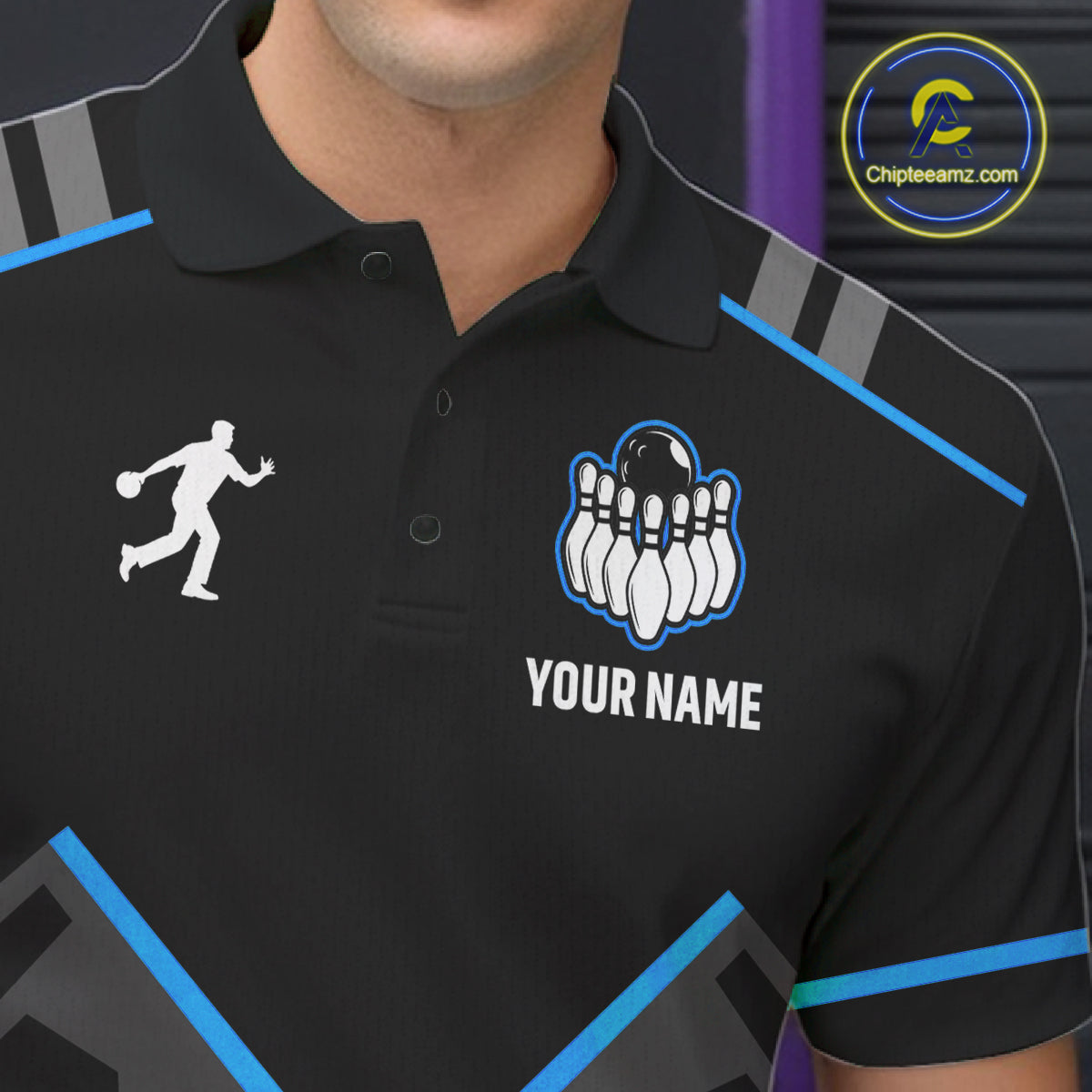 Personalized Bowling Jersey Custom Black And Blue Bowling Team Shirt Polo & 1/4 Zip