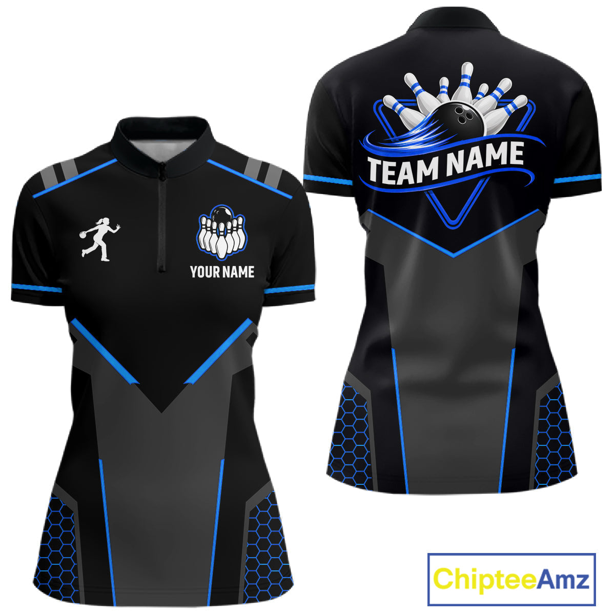 Personalized Bowling Jersey Custom Black And Blue Bowling Team Shirt Polo & 1/4 Zip