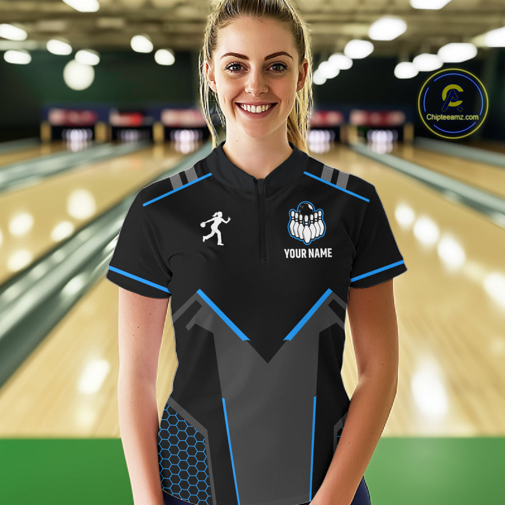 Personalized Bowling Jersey Custom Black And Blue Bowling Team Shirt Polo & 1/4 Zip