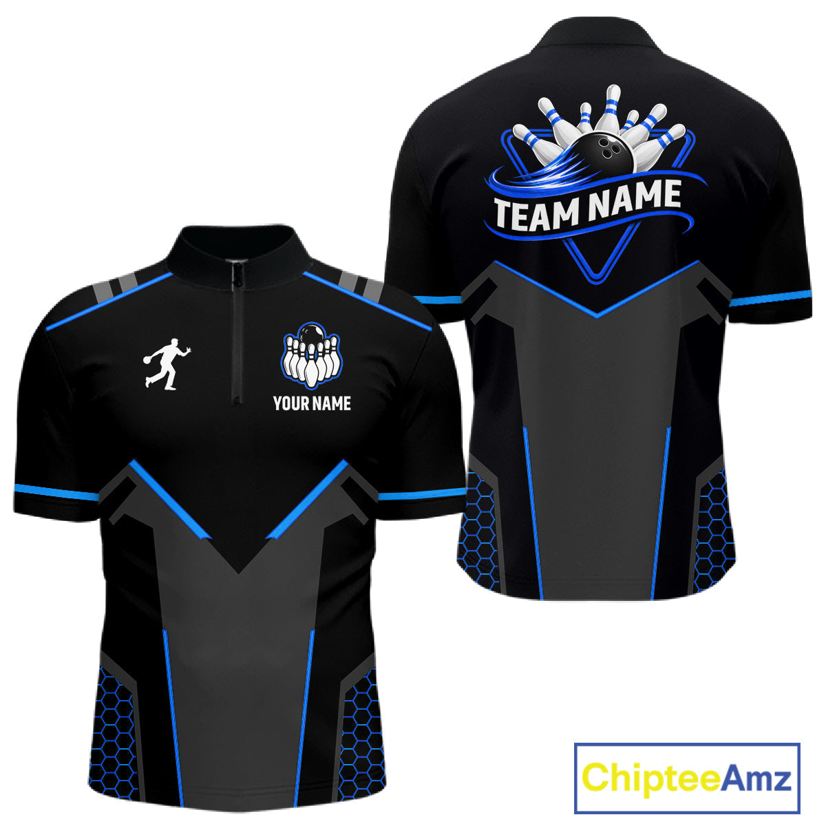 Personalized Bowling Jersey Custom Black And Blue Bowling Team Shirt Polo & 1/4 Zip