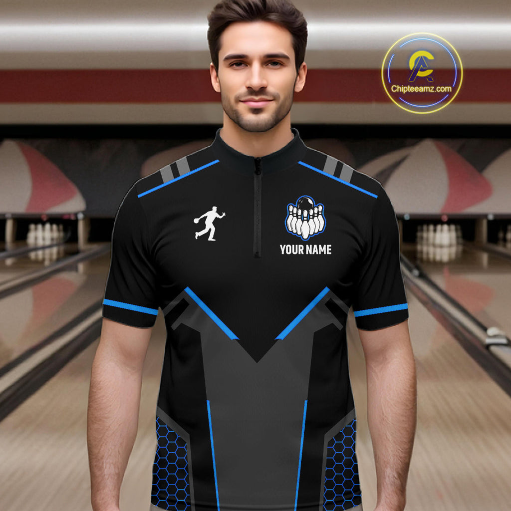 Personalized Bowling Jersey Custom Black And Blue Bowling Team Shirt Polo & 1/4 Zip