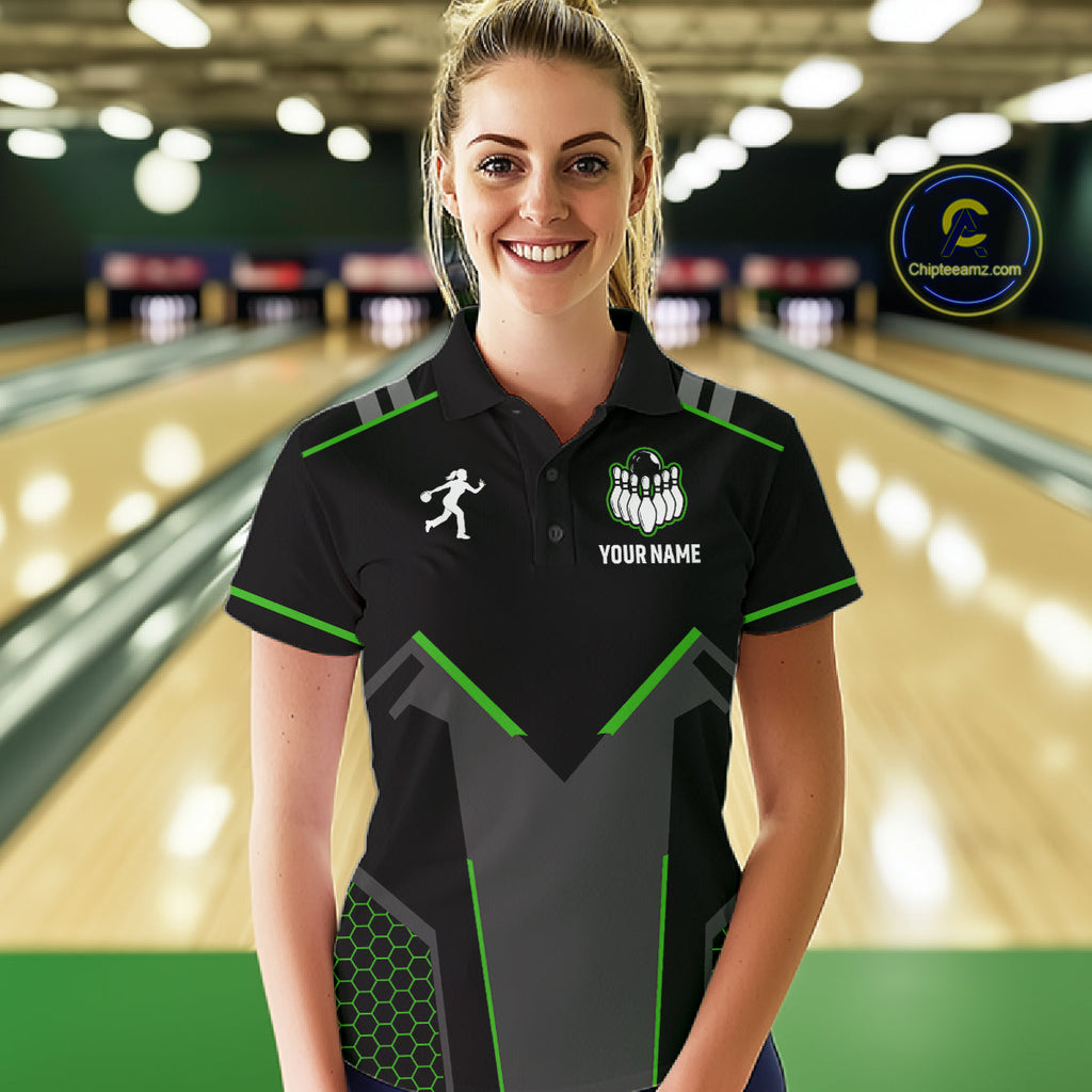 Personalized Bowling Jersey, Custom Black And Green Bowling Team Shirt Polo & 1/4 Zip