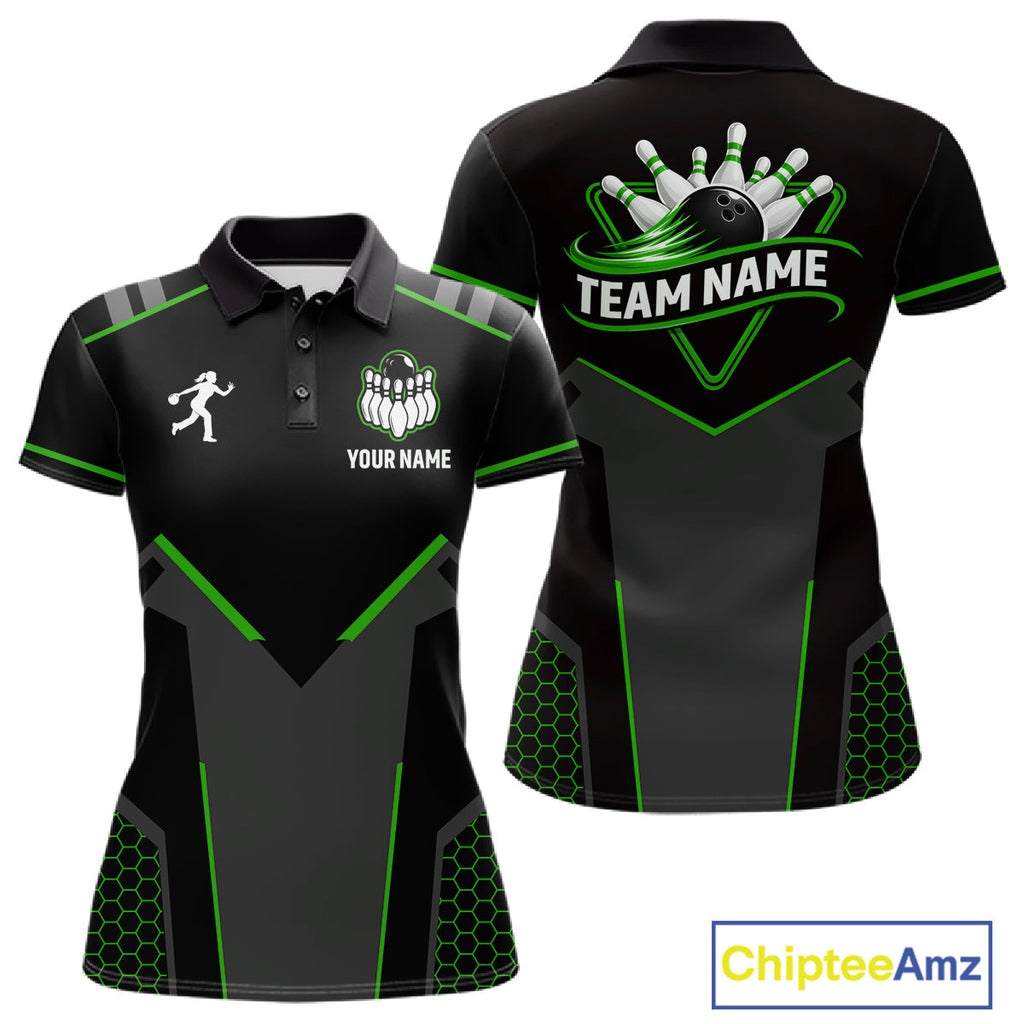 Personalized Bowling Jersey, Custom Black And Green Bowling Team Shirt Polo & 1/4 Zip
