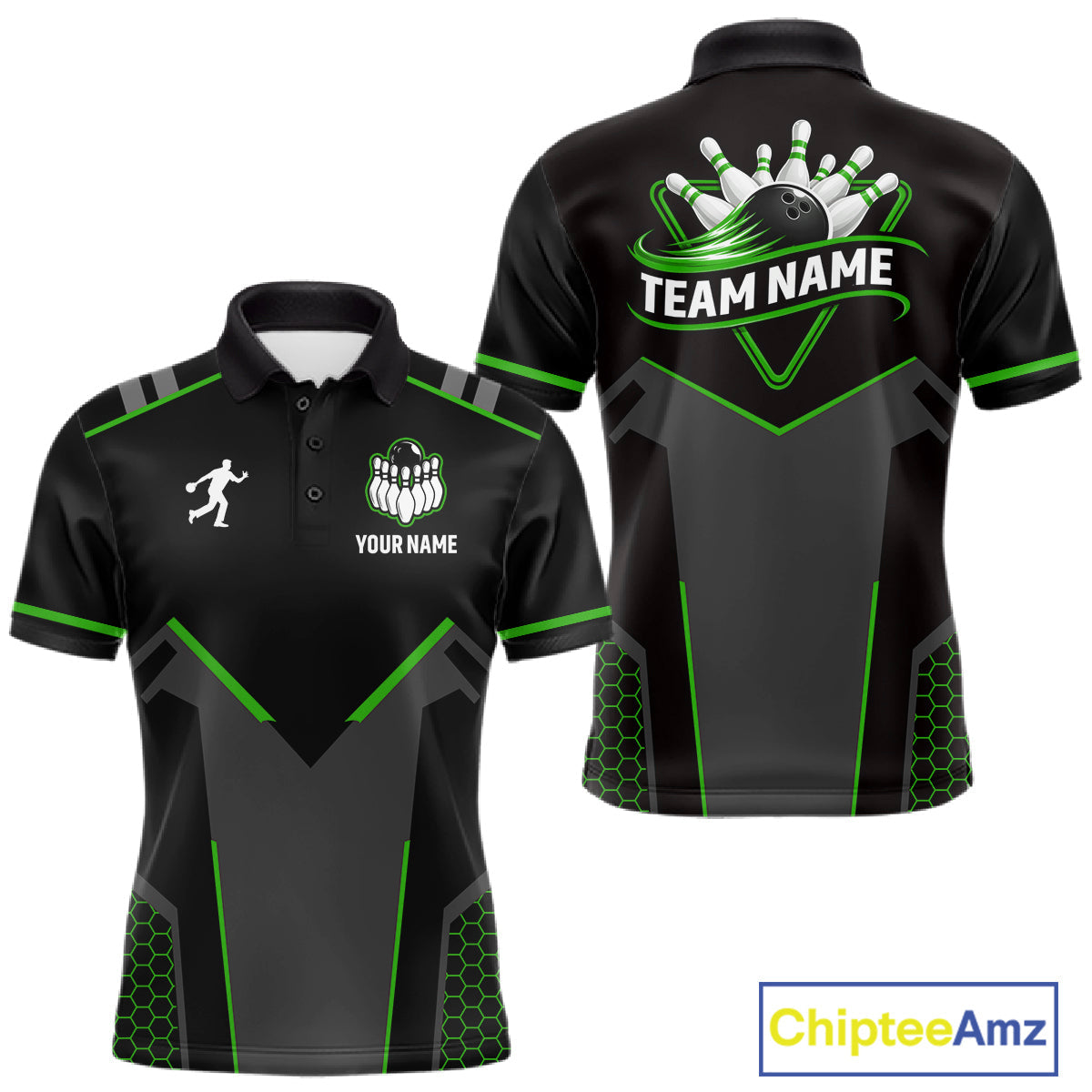 Personalized Bowling Jersey, Custom Black And Green Bowling Team Shirt Polo & 1/4 Zip