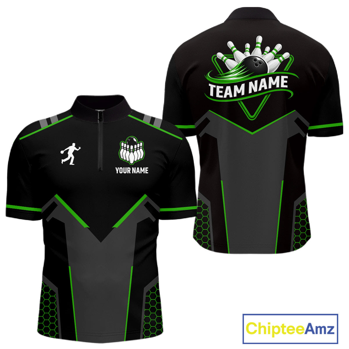 Personalized Bowling Jersey, Custom Black And Green Bowling Team Shirt Polo & 1/4 Zip