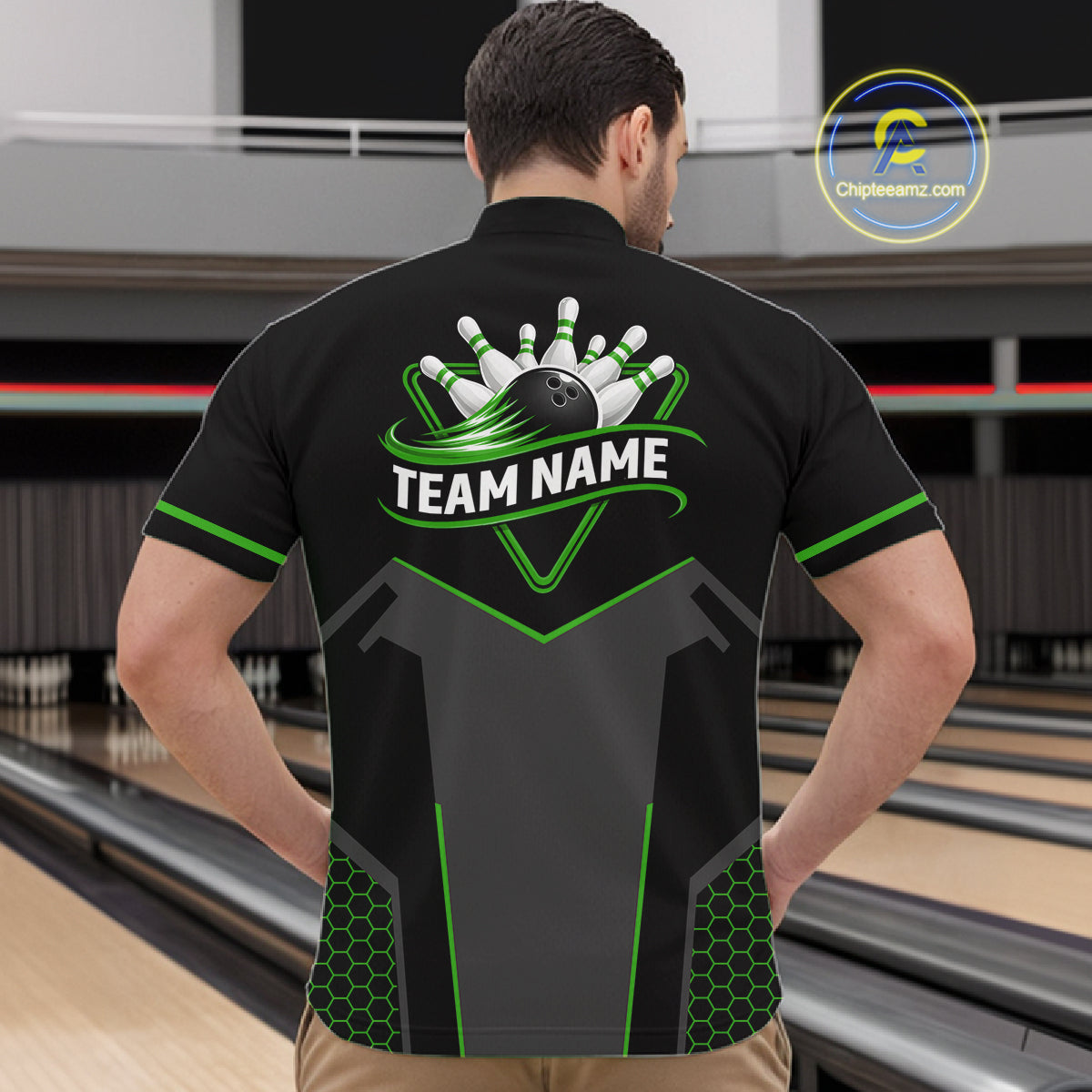 Personalized Bowling Jersey, Custom Black And Green Bowling Team Shirt Polo & 1/4 Zip