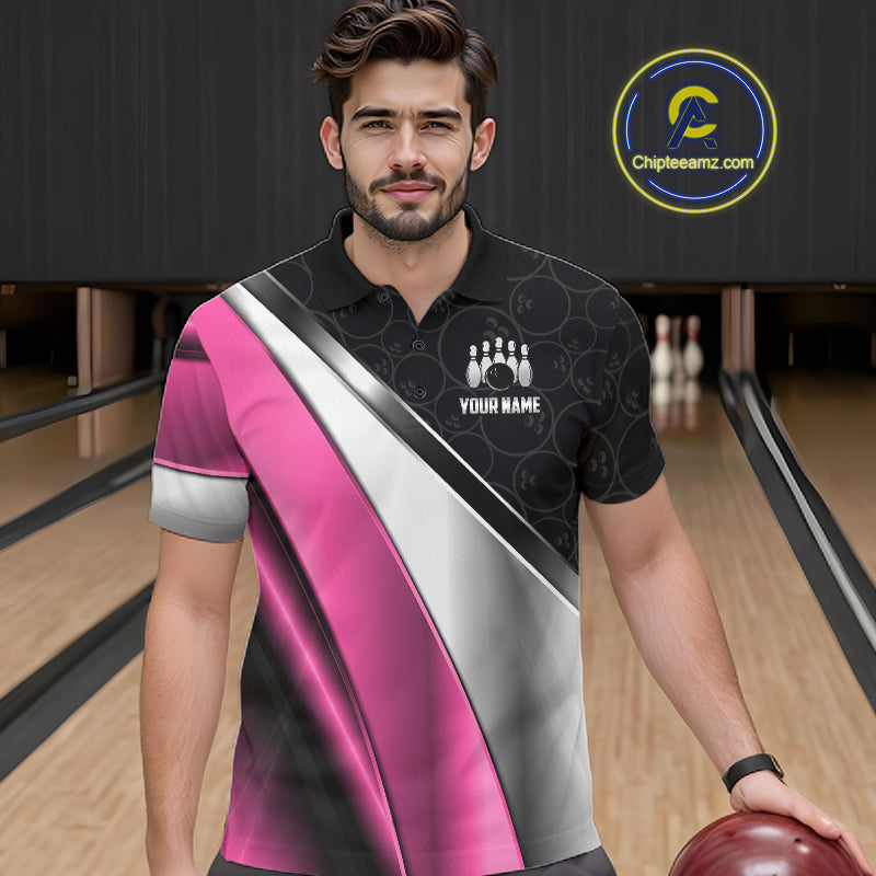Custom Pink, Black And Silver Bowling Shirt Bowling League Jersey Bowling Tournament Shirt