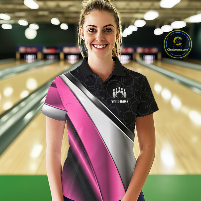 Custom Pink, Black And Silver Bowling Shirt Bowling League Jersey Bowling Tournament Shirt