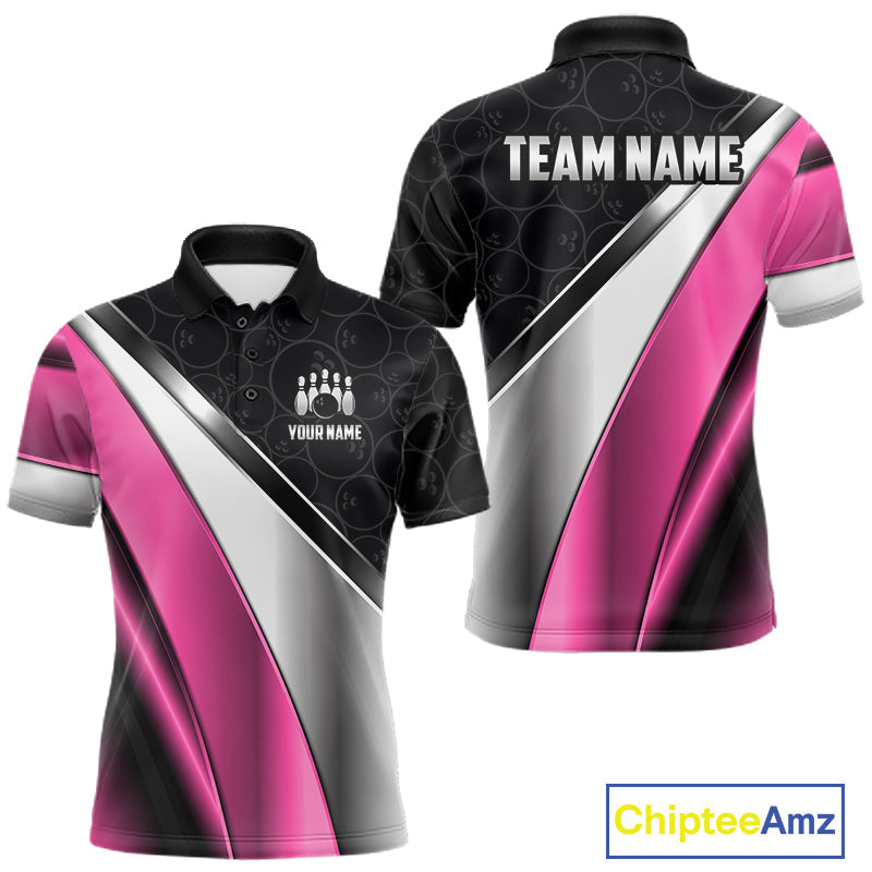 Custom Pink, Black And Silver Bowling Shirt Bowling League Jersey Bowling Tournament Shirt